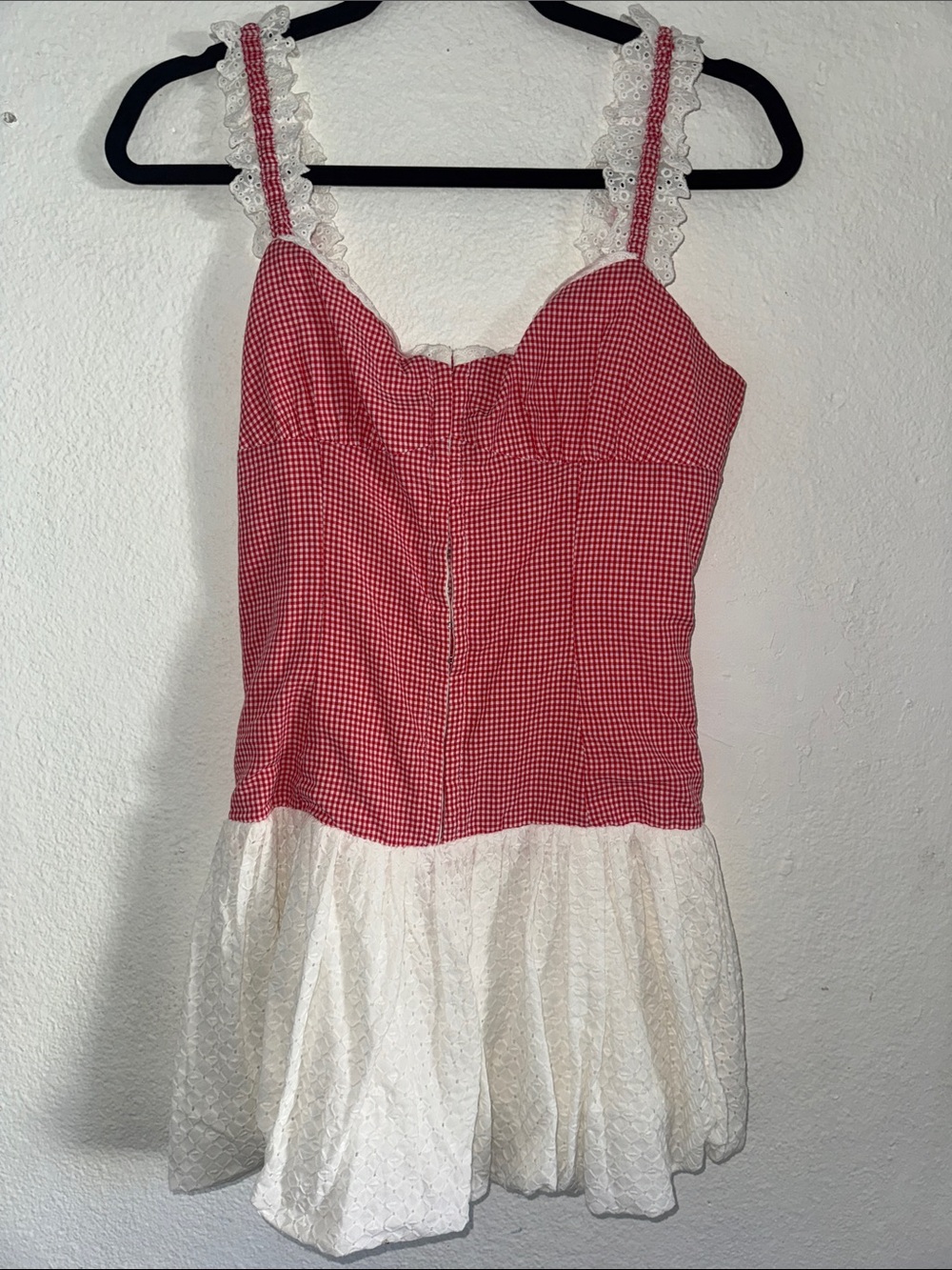 Lush Red Gingham Bodice with White Lace Skirt Dress